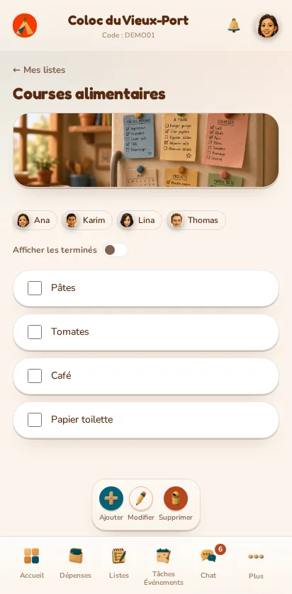 Capture d'écran de l'application MeeTiPi : Comment ajouter et cocher des éléments ?