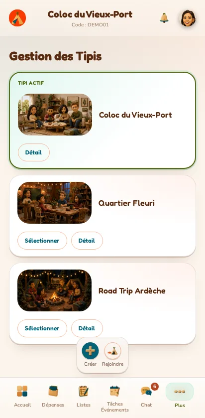 Capture d'écran de l'application MeeTiPi : Comment gérer mes Tipis et changer de Tipi actif ?