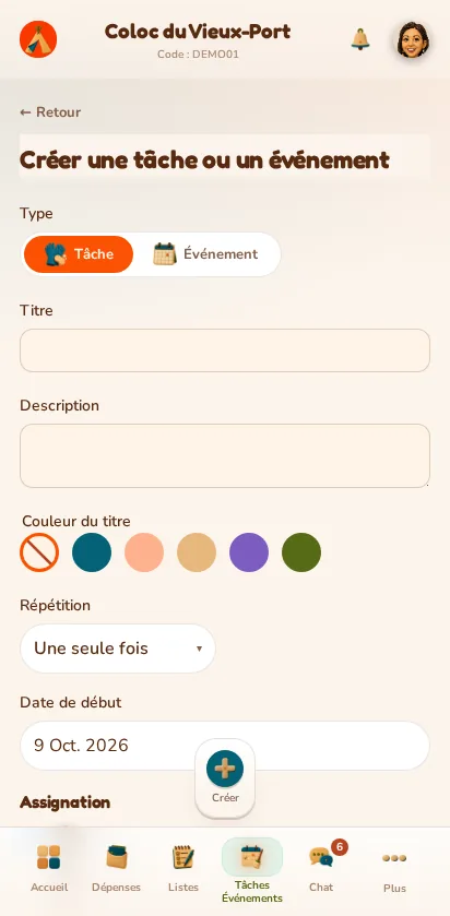 Capture d'écran de l'application MeeTiPi : Comment créer une tâche ou un événement ?