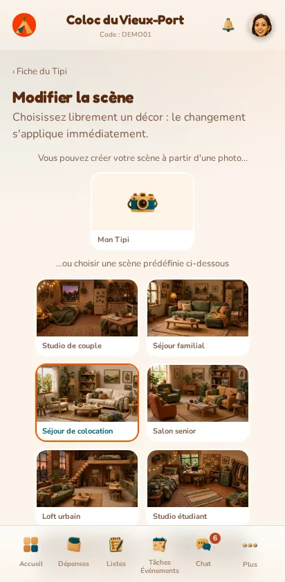 Capture d'écran de l'application MeeTiPi : Comment changer l'image (la scène) du Tipi ?