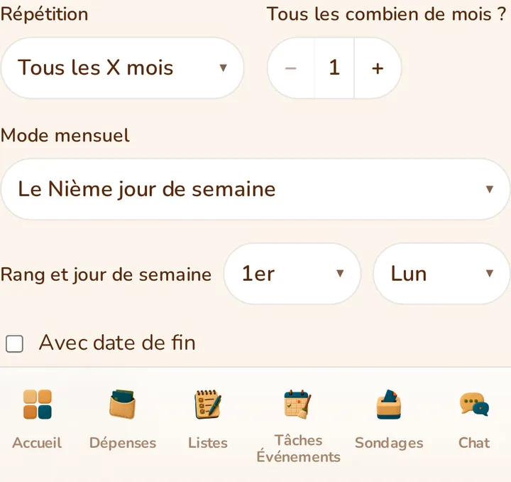 Capture d'écran de l'application MeeTiPi : Récurrence flexible
