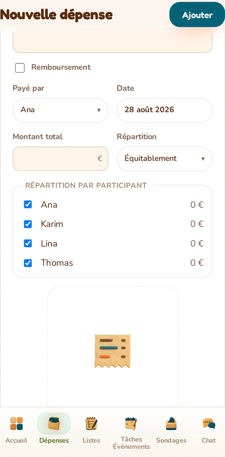 Capture d'écran de l'application MeeTiPi : Répartition équitable