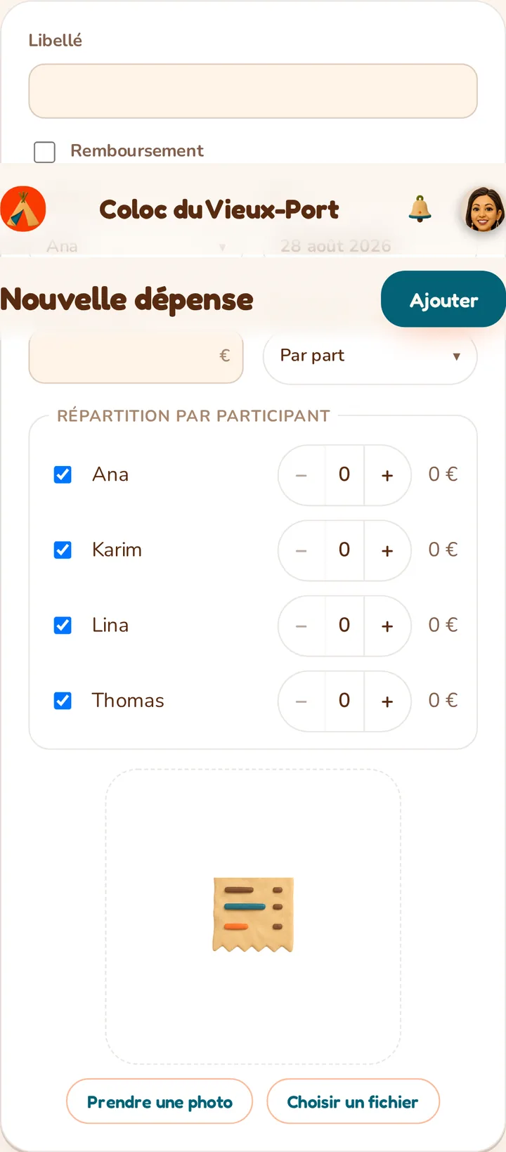 Capture d'écran de l'application MeeTiPi : Répartition par parts