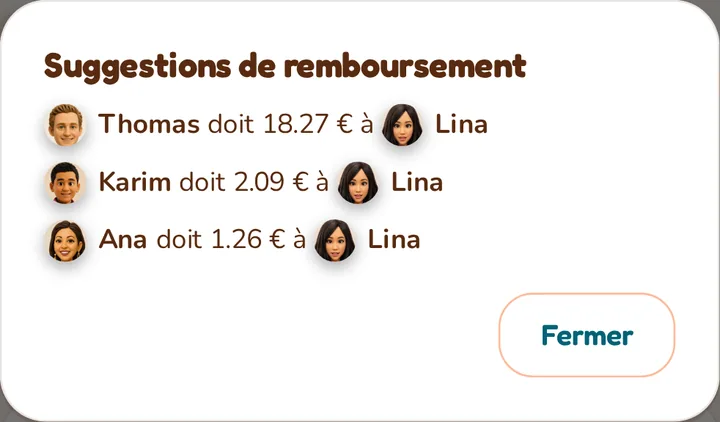 Capture d'écran de l'application MeeTiPi : Équilibrer les comptes